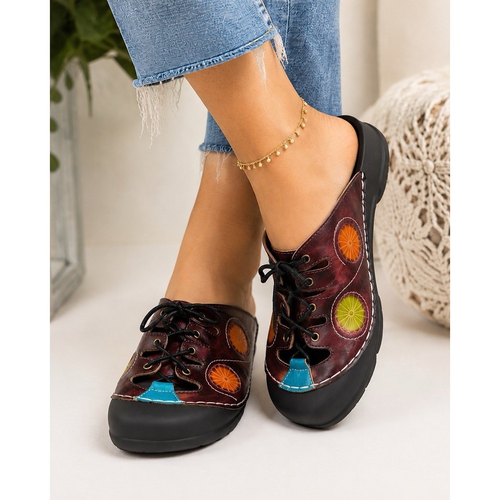 Corkys Elite Creek Burgundy Leather Boho Floral Lace Up Mule Womens Sandals Sz 6